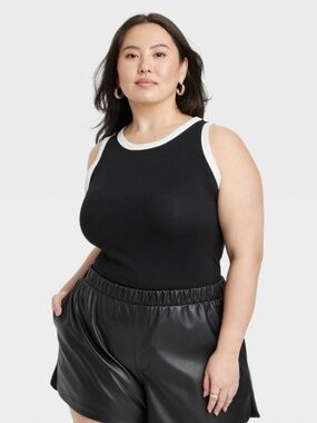 A New Day Slim Fit Ribbed Highneck Knit Tank Top - Black/White - Size 2X